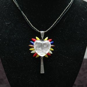 Quartz Crystal Flaming Heart Tribal Necklace
